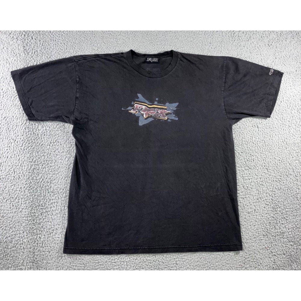VTG Fox Racing Graphic T-Shirt Men XL Black S/S Distressed Logo y2k Retro Grunge